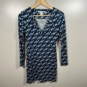 DVF Diane Von Furstenberg Reina Dress Size 2 Silk Blue Black Long Sleeve Shift